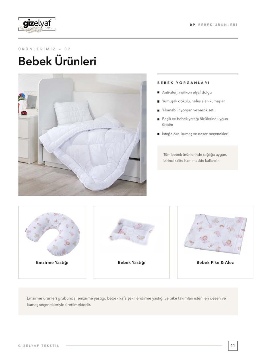 Kataloğun bebek ürünleri sayfası: bebek yorganı, emzirme yastığı ve bebek pike takımı